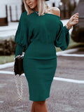 elveswallet  Lantern Sleeve High Waist Pencil Dress, Elegant Solid Bag Hip Midi Dress, Women's Clothing
