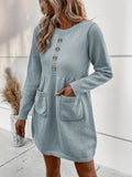elveswallet  Pocket Front Solid Dress, Casual Long Sleeve Crew Neck Dress, Women's Clothing