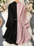 elveswallet  Plus Size Casual Dress, Women's Plus Colorblock Lantern Sleeve Lapel Collar Button Up Belted Maxi Dress
