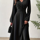 elveswallet  Twist Front Solid Dress, Elegant V Neck Lantern Long Sleeve Dress, Women's Clothing