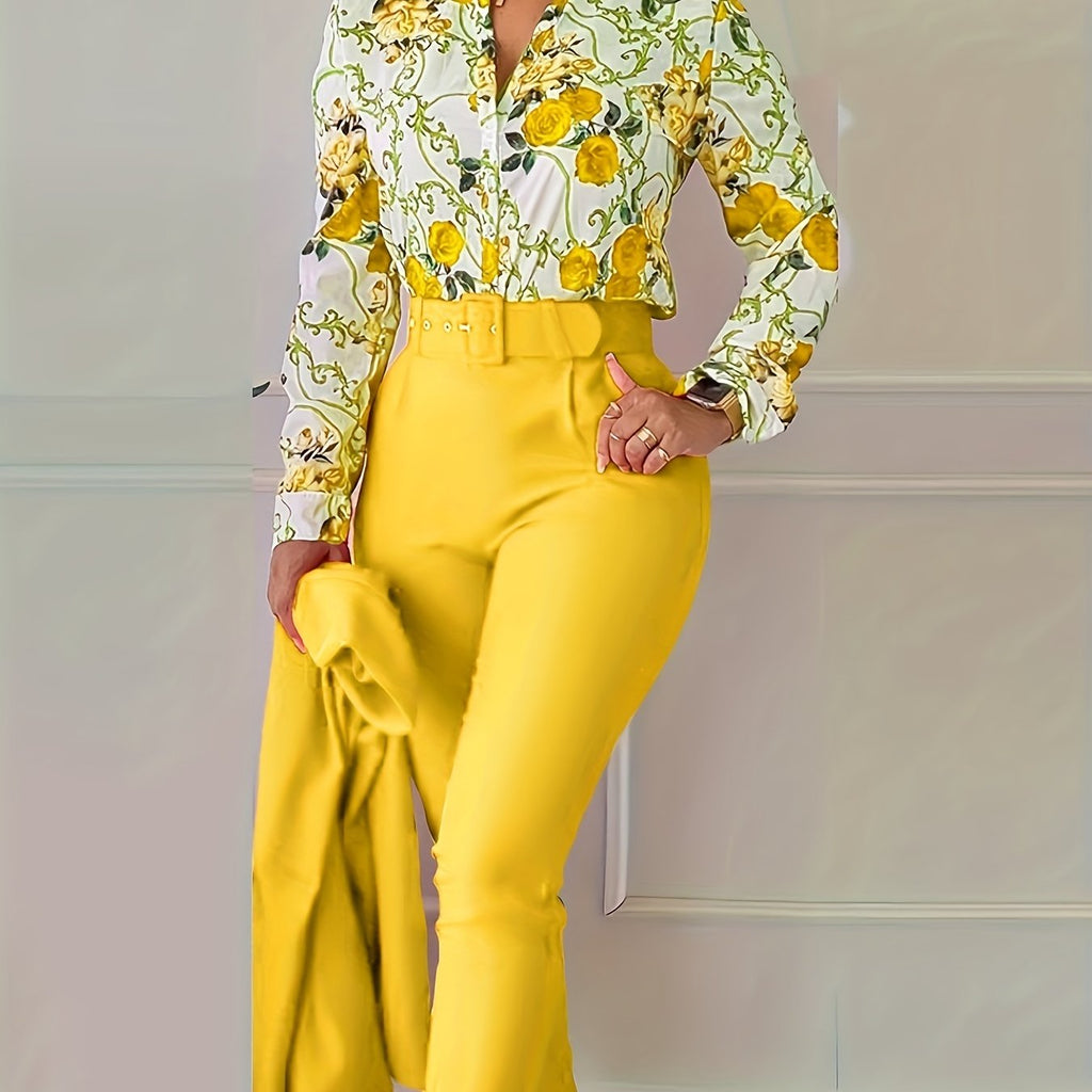 Elegant Two-piece Set, Floral Print V Neck Long Sleeve Blouse & Solid Belted Tapered Pants Outfits, Women's Clothing