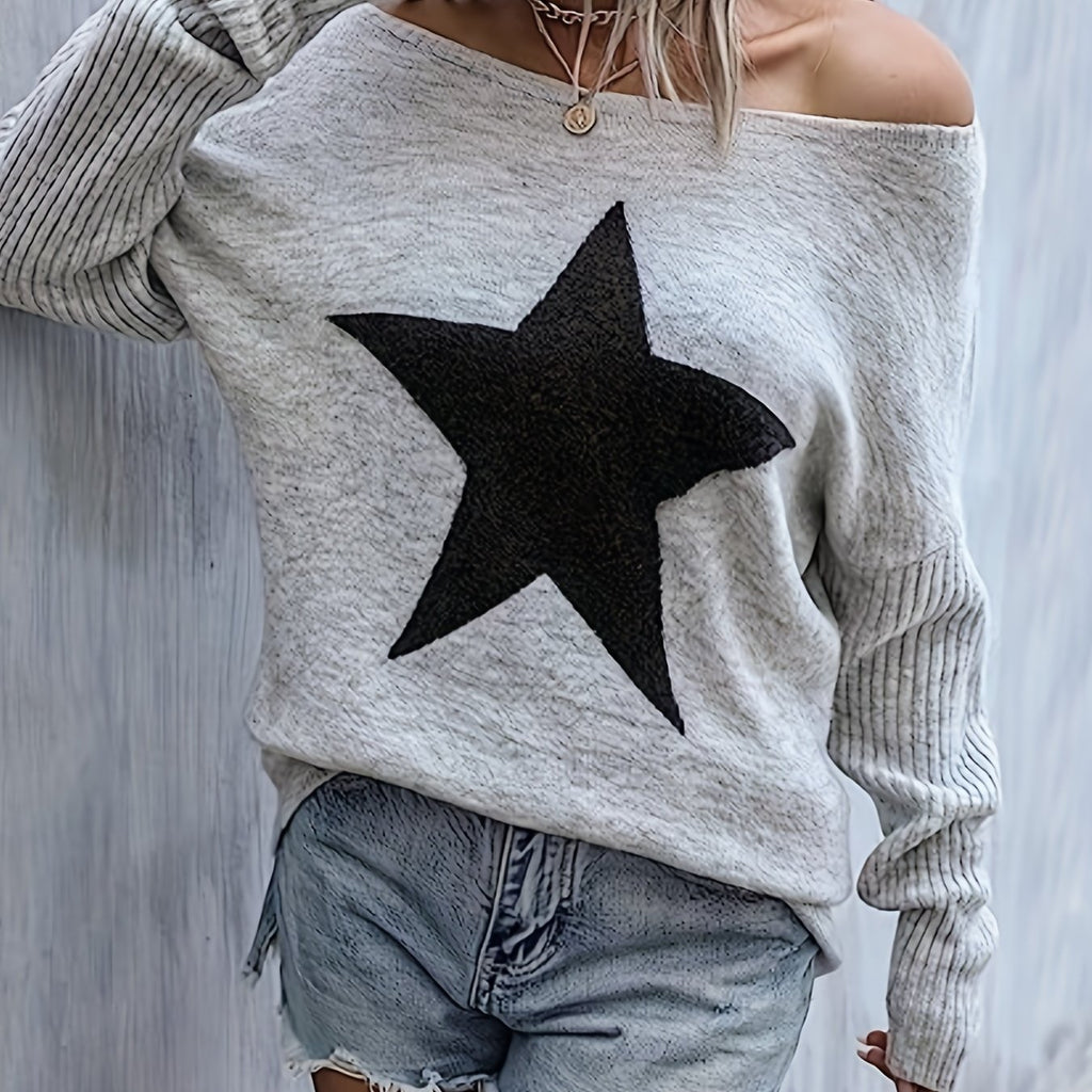 elveswallet  Star Pattern Crew Neck Pullover Sweater, Casual Long Sleeve Sweater For Fall & Winter, Women's Clothing