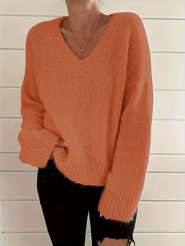 Solid V Neck Simple Loose Sweater, Casual Long Sleeve Comfy Mohair Sweater, Women's Clothing