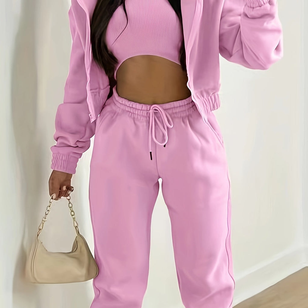 Solid Casual Three-piece Set, Zip Up Hooded Jacket & Sleeveless Crew Neck Tank Top & Drawstring Elastic Waist Jogger Pants Outfits, Women's Clothing