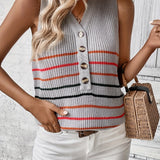 elveswallet  Striped Knitted V Neck Tank Top, Casual Sleeveless Tank Top For Summer, Women's Clothing