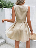 elveswallet  Solid Ruched Dress, Elegant V Neck Sleeveless Summer Dress, Women's Clothing