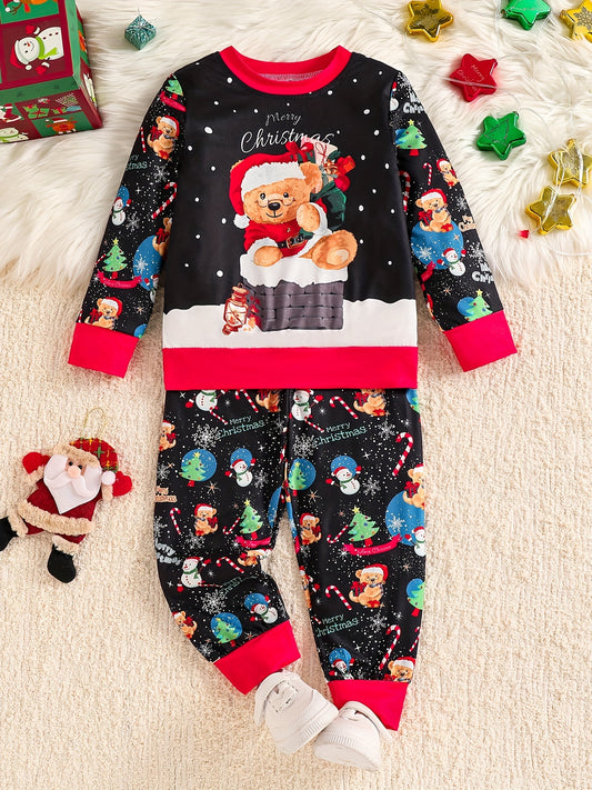 Girls' Fun Santa Claus Digital Print Long Sleeve And Pants Set, For Outdoor