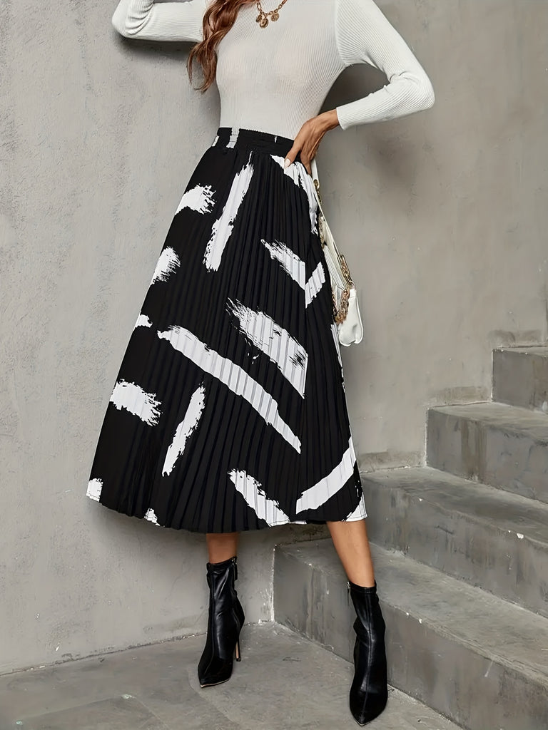 Abstract Print Pleated Skirt, Elegant High Waist Skirt For Spring & Summer, Women's Clothing