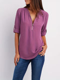 elveswallet  Solid V Neck Blouse, Casual Ruched Rollable Sleeve Half Zip Blouse, Women's Clothing