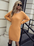 Solid Rib Knit Sweater Dress, Casual Crew Neck Long Sleeve Dress, Women's Clothing