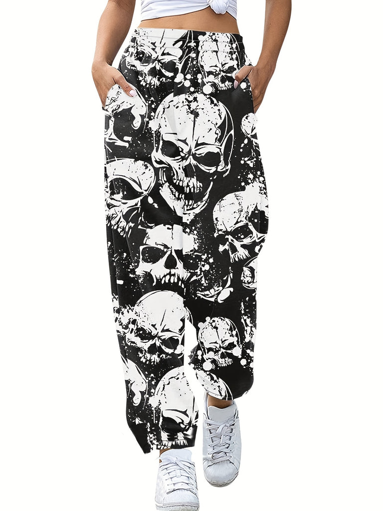 Plus Size Halloween Goth Pants, Women's Plus Allover Skull Print Elastic High Rise Slight Stretch Straight Leg Trousers