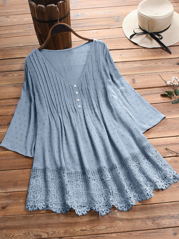 Casual V Neck Stitching Lace Women's Linen Top