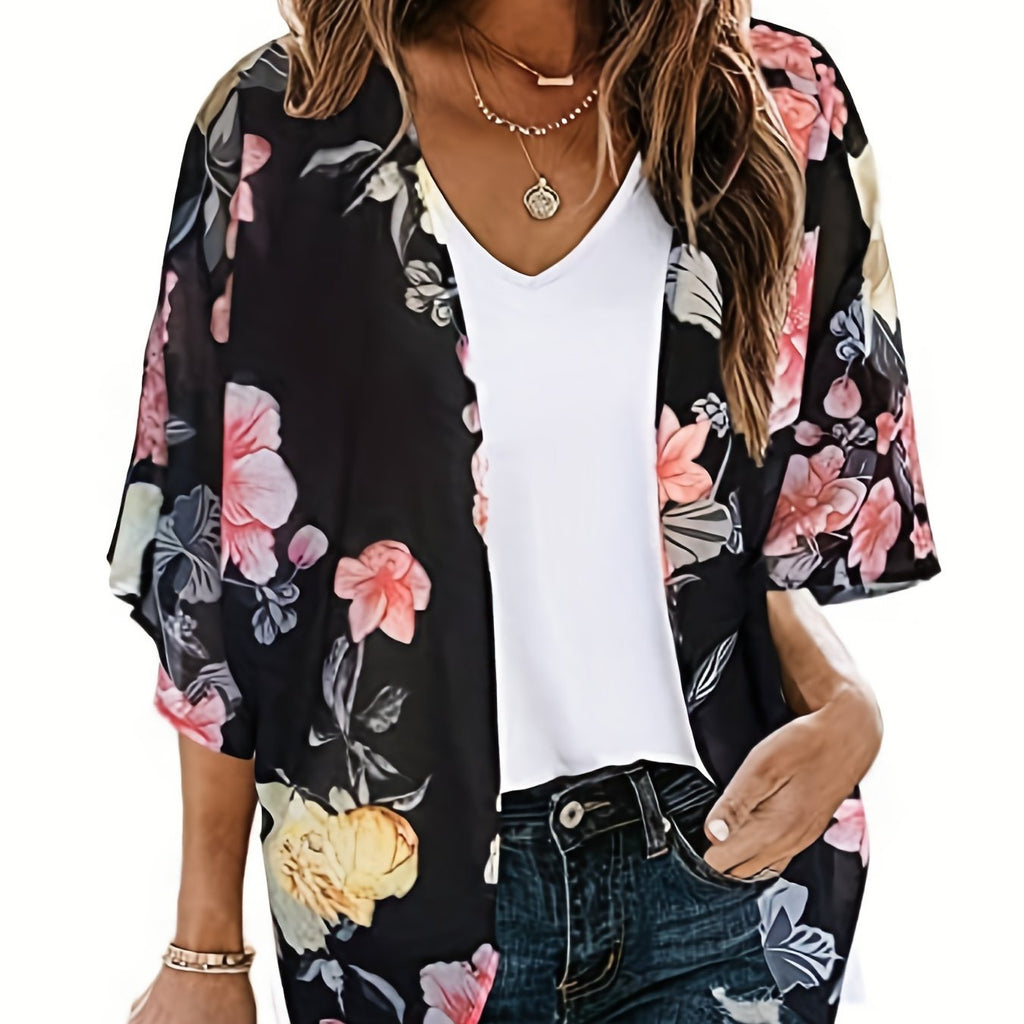 elveswallet  Floral Print Chiffon Blouse, Boho Open Front 3/4 Sleeve Beach Wear Cover Up Blouse, Women's Clothing