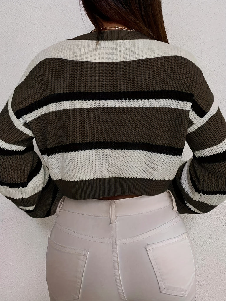 elveswallet  Color Block Crop Pullover Sweater, Casual Long Sleeve Sweater For Fall & Winter, Women's Clothing