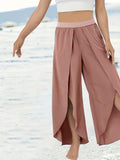 elveswallet  Plus Size Boho Pants, Women's Plus Plain High Rise Wrap Split Front Beach Pants