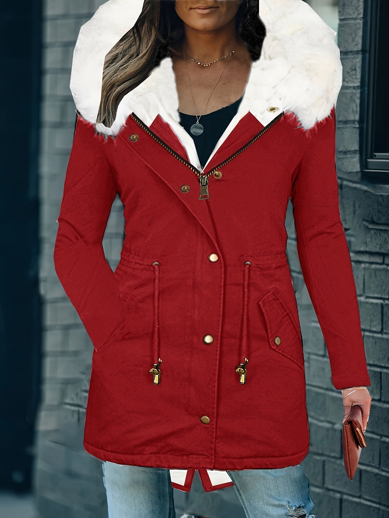 elveswallet Faux Fur Hood Drawstring Parka Coat