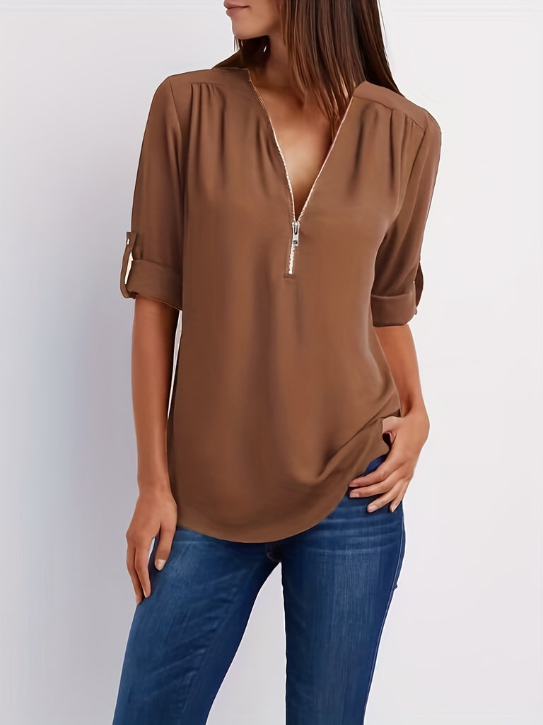 elveswallet  Solid V Neck Blouse, Casual Ruched Rollable Sleeve Half Zip Blouse, Women's Clothing