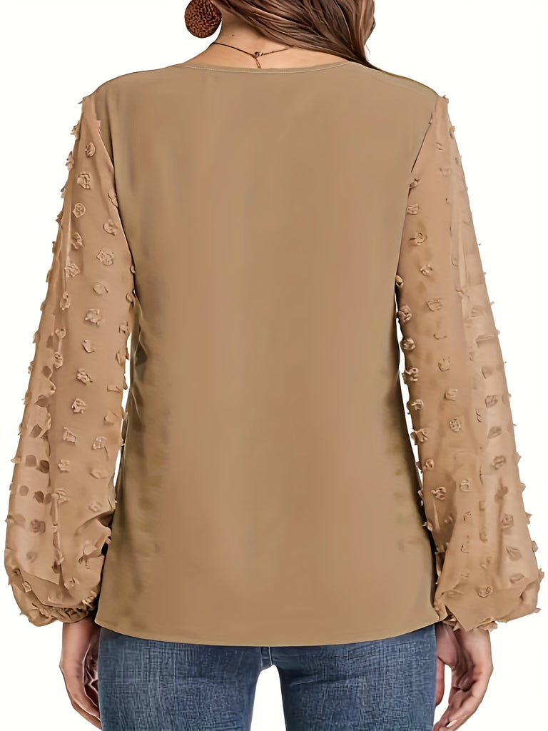 elveswallet  Plus Size Elegant Blouse, Women's Plus Plain Swiss Dot Long Sleeve Slight Stretch T-shirt