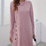 Simple Solid Buttons Decor Dress, Long Sleeve Crew Neck Dress, Women's Clothing