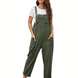 Solid Overall Jumpsuit, Casual Sleeveless Jumpsuit With Pockets, Women's Clothing
