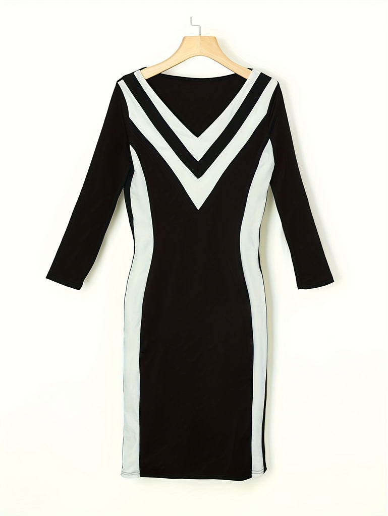 elveswallet  Color Block Simple Dress, Casual V Neck Long Sleeve Pencil Dress, Women's Clothing