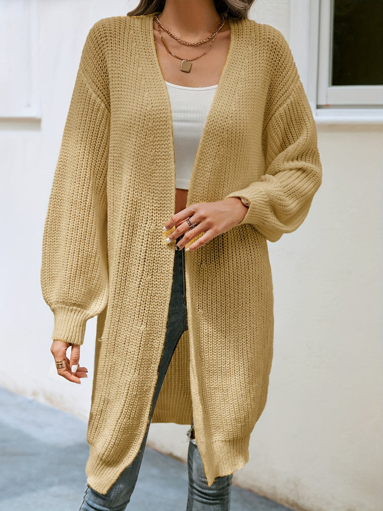elveswallet  Drop Shoulder Solid Knit Cardigan, Open Front Long Sleeve Sweater, Women's Clothing