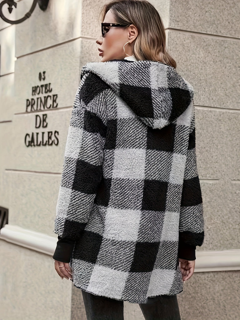 Plaid Print Open Front Fuzzy Coat, Casual Long Sleeve Hooded Coat For Fall & Winter, Women's Clothing