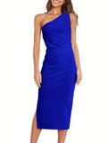elveswallet  Solid Slant Shoulder Split Dress, Elegant Bodycon Dress For Party & Banquet, Women's Clothing