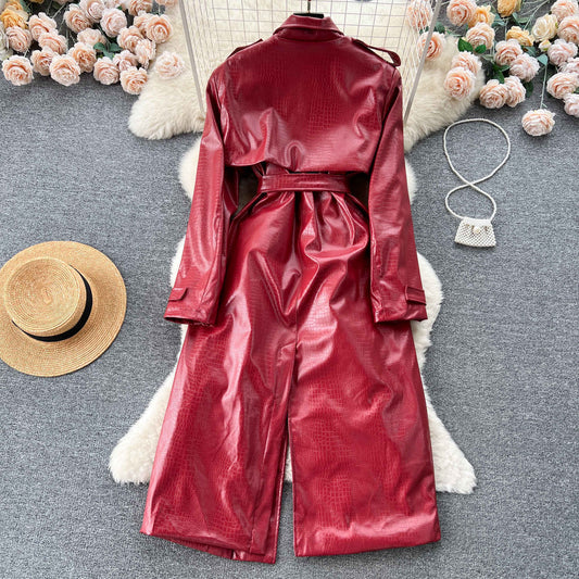 Retro British style medium and long PU leather jacket for women's autumn and winter cool Sa royal sister high-end feeling waist cape coat tide