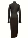 High Neck Solid Dress, Casual Long Sleeve Bodycon Dress, Women's Clothing