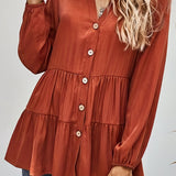 elveswallet  Plus Size Casual Blouse, Women's Plus Solid Button Up Long Sleeve Mock Neck Slight Stretch Babydoll Shirt Top
