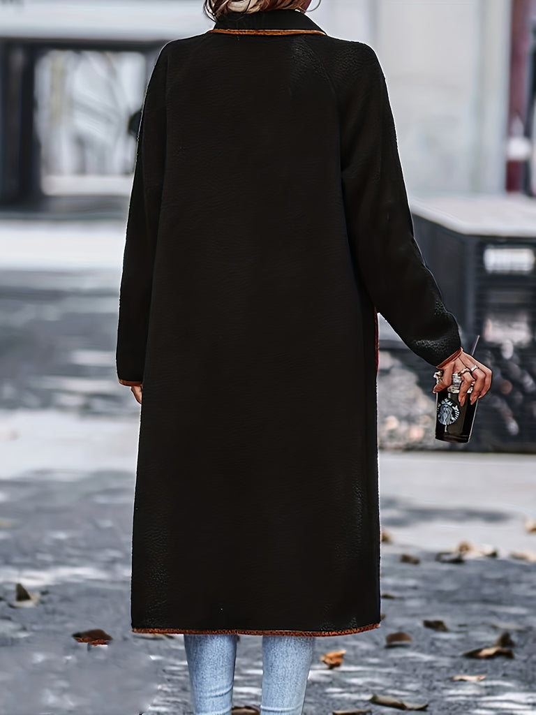 Plus Size Casual Coat, Women's Plus Solid Binding Teddy Fleece Long Sleeve Lapel Collar Longline Coat With Pockets