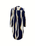 elveswallet  Abstract Stripe Print Dress, Casual V Neck Rollable Sleeve Dress, Women's Clothing