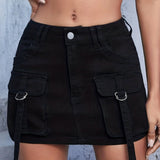 elveswallet  Black Flap Pockets Denim Skirt, Slim Fit Non-Stretch Fashion Cargo Denim Skirt, Y2K & Kpop Style, Women's Denim Clothing