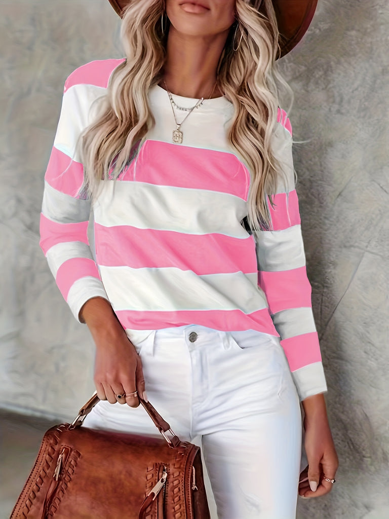elveswallet  Versatile Long Sleeve Striped T-Shirt, Crew Neck Casual Top For Spring & Fall, Women's Clothing