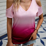 elveswallet  Gradient Cold Shoulder T-shirt, Casual V Neck Short Sleeve Summer T-shirt, Women's Clothing