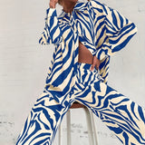 elveswallet  Casual Zebra Striped 2pcs Set, Button Down Long Sleeve Shirt & High Elastic Waist Pants, Women's Clothing