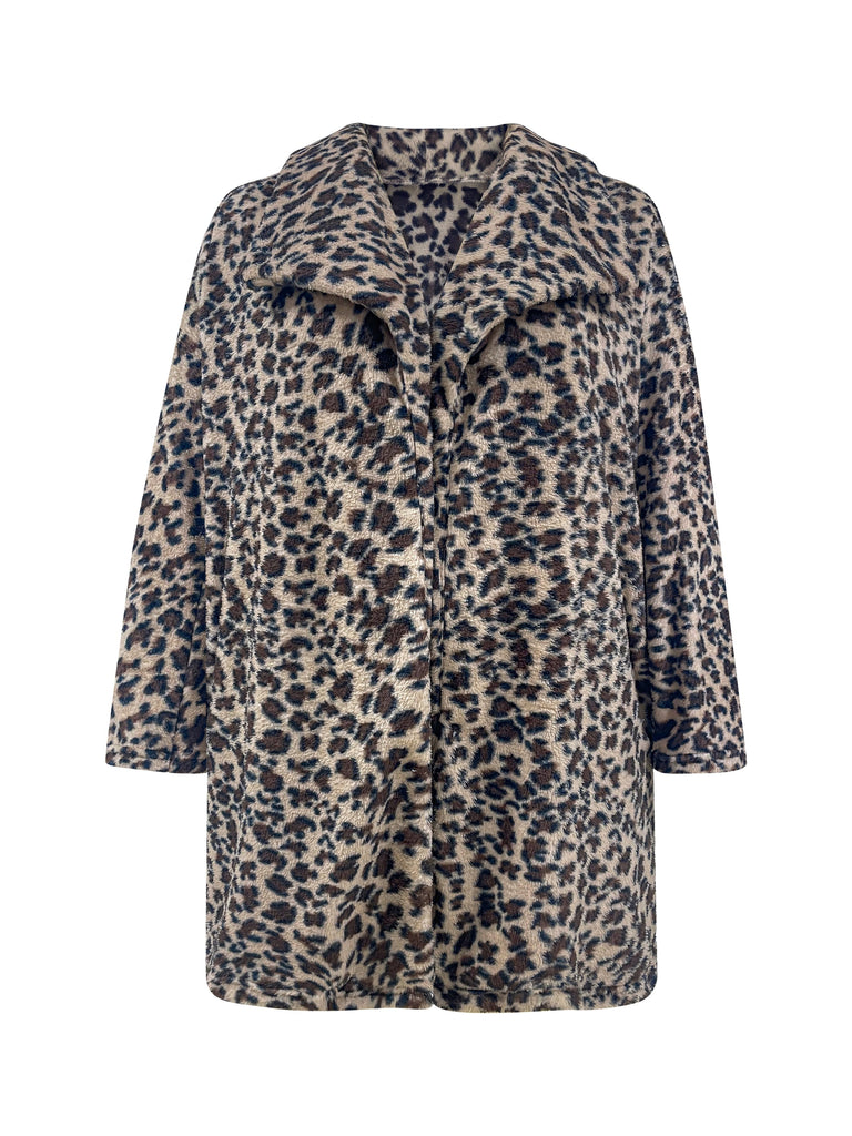 Plus Size Casual Winter Coat, Women's Plus Leopard Print Teddy Fleece Long Sleeve Open Front Lapel Collar Tunic Coat