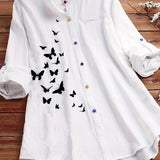 Plus Size Casual Shirt, Women's Plus Butterfly Print Roll Up Sleeve Stand Collar Button Up Blouse