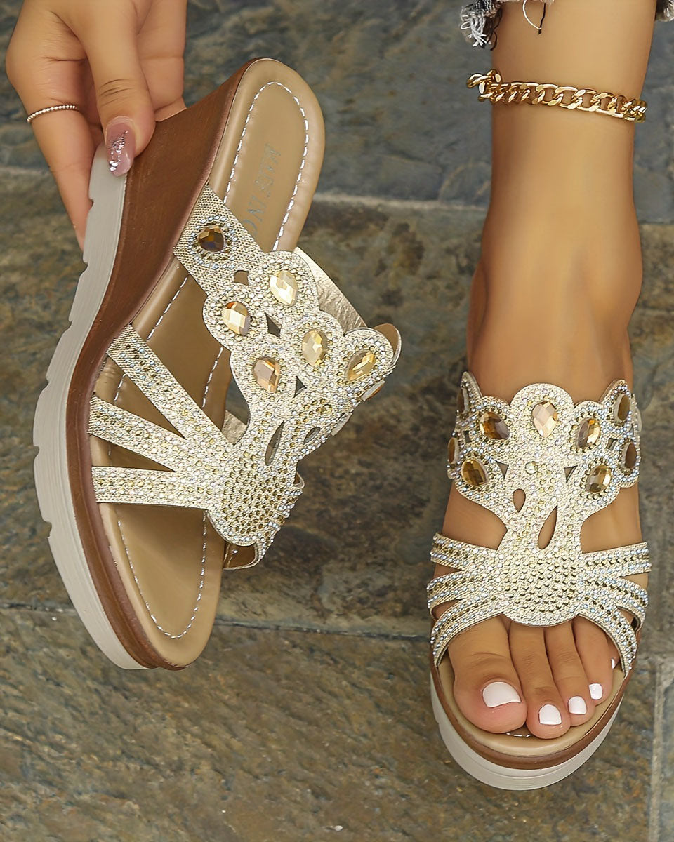 elveswallet Rhinestone Decor Cutout Design Platform Wedge Sandals