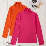 2 Pieces Turtle Neck T-Shirts, Versatile Long Sleeve T-Shirts For Spring & Fall, Women's Clothing