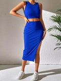 elveswallet  Solid Casual Two-piece Set, Crew Neck Crop Tank Top & Split High Waist Skirts Outfits, Women's Clothing