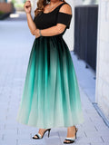 elveswallet  Plus Size Ombre Print Cold Shoulder Maxi Dress, Women's Plus Slight Stretch Elegant Short Sleeve Long Prom Dress