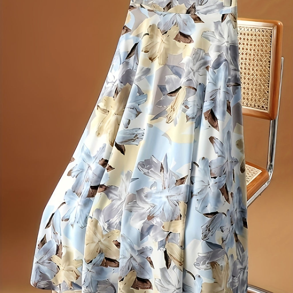 elveswallet  Plus Size Elegant Skirt, Women's Plus Floral Print High Rise Non-stretch Flowy Maxi Skirt