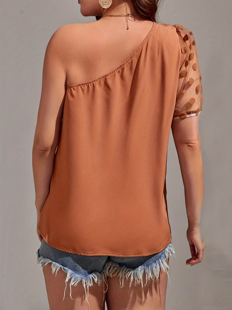 elveswallet  Solid Color One Shoulder Asymmetrical Blouse, Elegant Contrast Mesh Blouse Ffor Summer, Women's Clothing