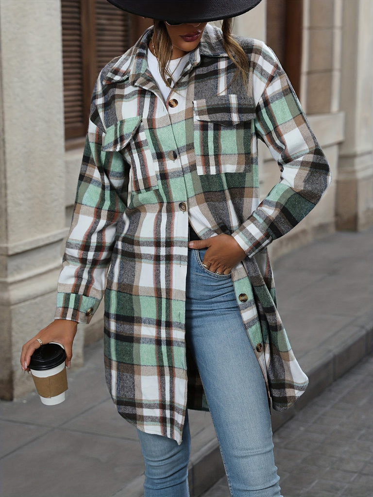 elveswallet  Plaid Print Shacket Jacket, Casual Button Front Long Sleeve Outerwear, Women's Clothing