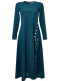 Abstract Print Splicing Dress, Elegant Crew Neck Long Sleeve Midi Dress, Women's Clothing