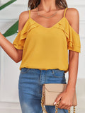 Solid Ruffle Trim Blouse, Sexy Spaghetti Cold Shoulder Layered Blouse, Women's Clothing