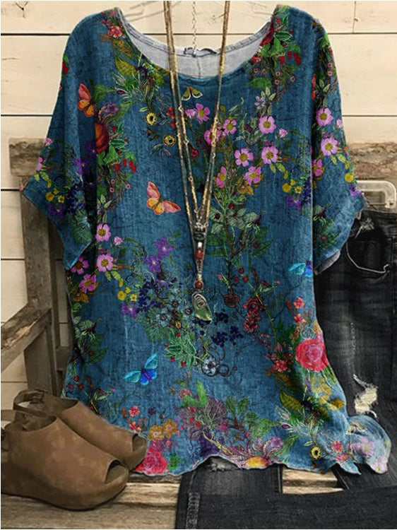 Round Neck Floral Print Casual Loose Long-sleeved Blouse