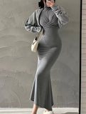 Twist Front Long Sleeve Trumpet Dress, Casual Turtle Neck Slim Dress For Spring & Fall, Women's Clothing